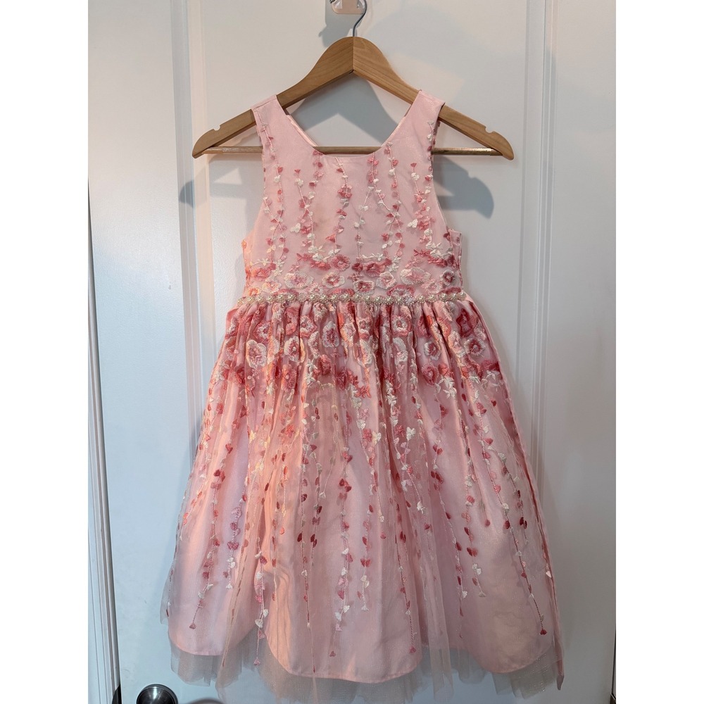 American Princess Girls Pink Floral Embroidered Tulle Party Dress Size 8 77583